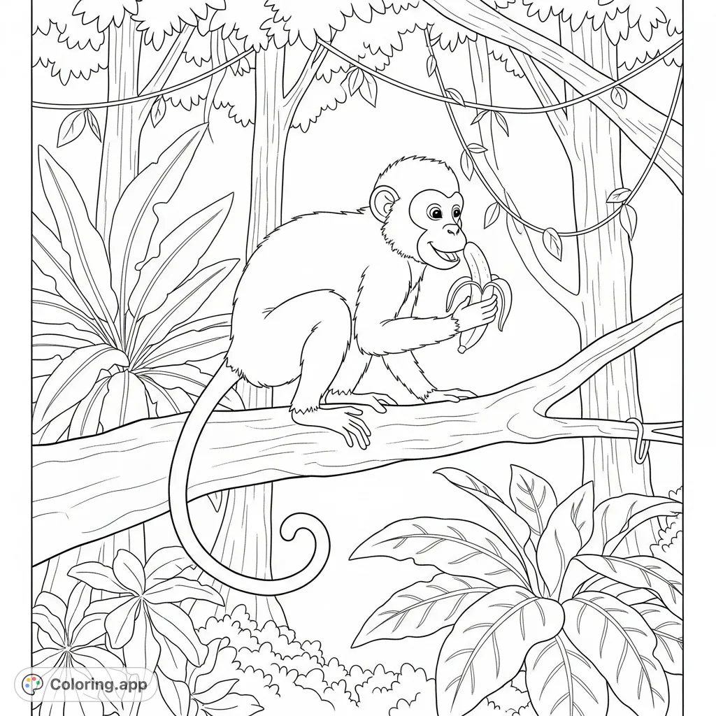A delightful jungle monkey coloring page featuring a playful primate enjoying a banana while perched on a tree branch amidst lush foliage. Perfect for nature lovers!