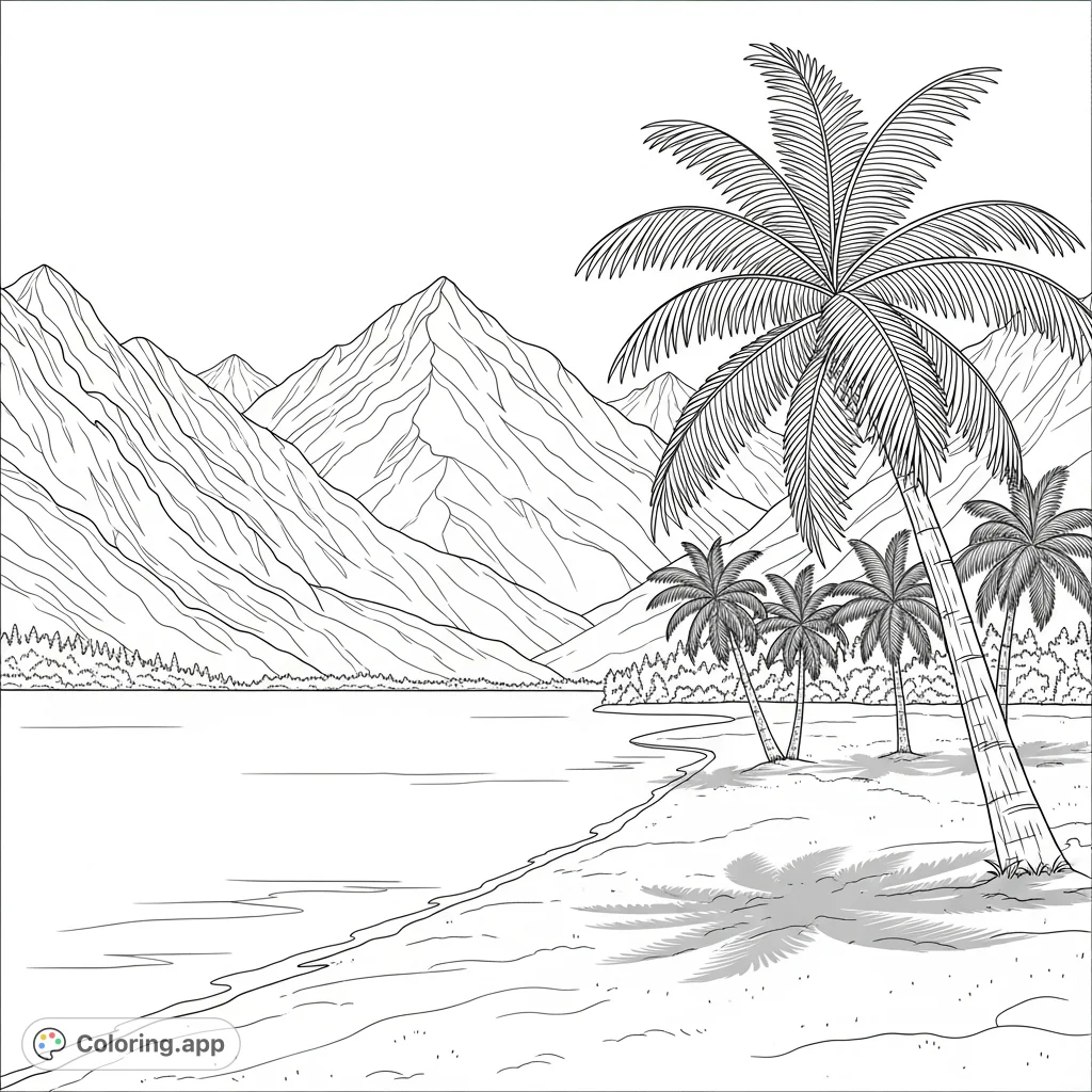 Discover a unique mountain lake coloring page featuring rugged peaks, a tranquil sandy beach, and graceful palm trees. A picturesque nature scene for all ages.