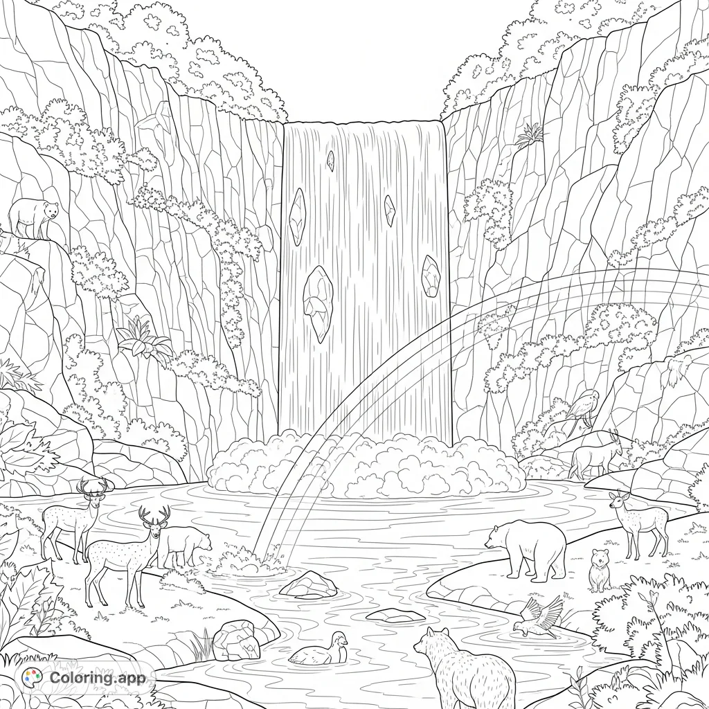 Discover a stunning mountain waterfall scene, complete with a majestic rainbow and wild animals. A free printable nature coloring page for tranquil creativity.