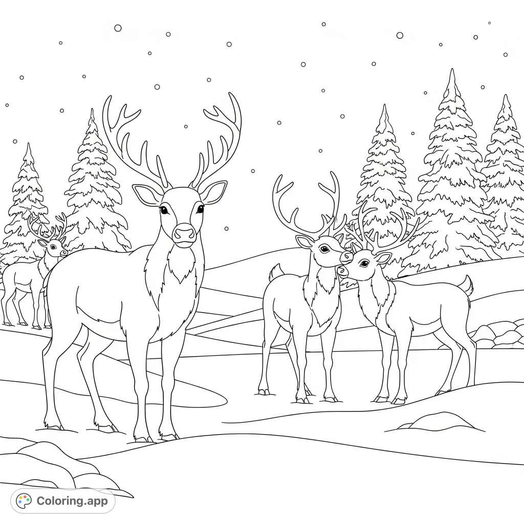 A delightful Christmas reindeer coloring page featuring friendly reindeer playing in a winter wonderland. Perfect free printable for festive fun!
