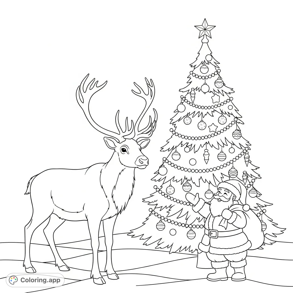 A delightful Christmas reindeer coloring page featuring a majestic reindeer, a jolly Santa, and a beautifully decorated Christmas tree, perfect for holiday joy.