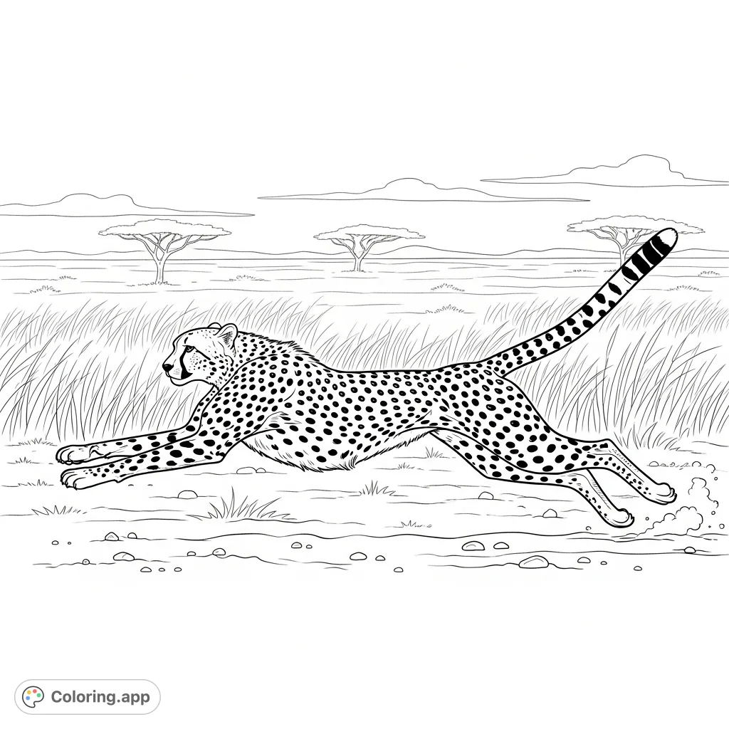 Experience the thrill of the wild with this dynamic adult cheetah coloring page, captured mid-run across the savanna.