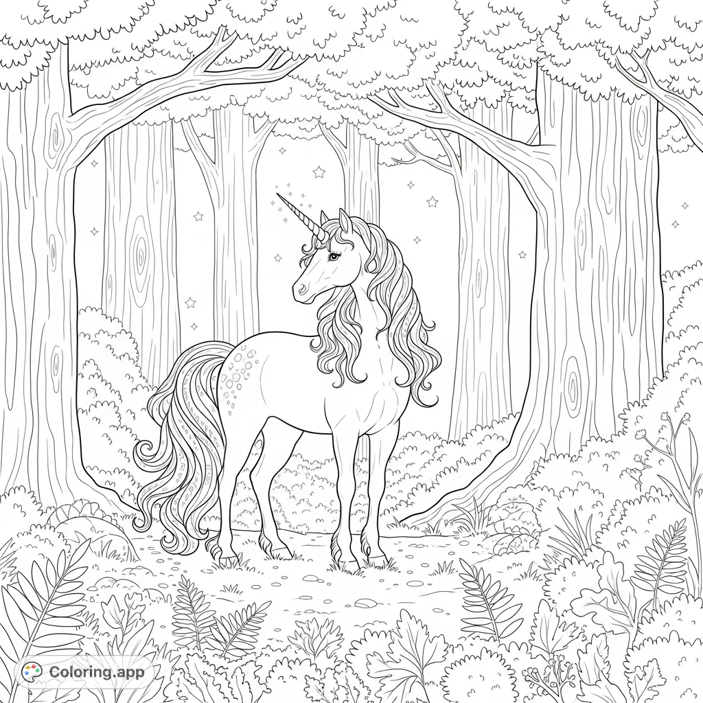A majestic unicorn shines with sparkling mane and a glowing horn, amidst an enchanted forest with luminous elements. A magical fantasy coloring page for all.