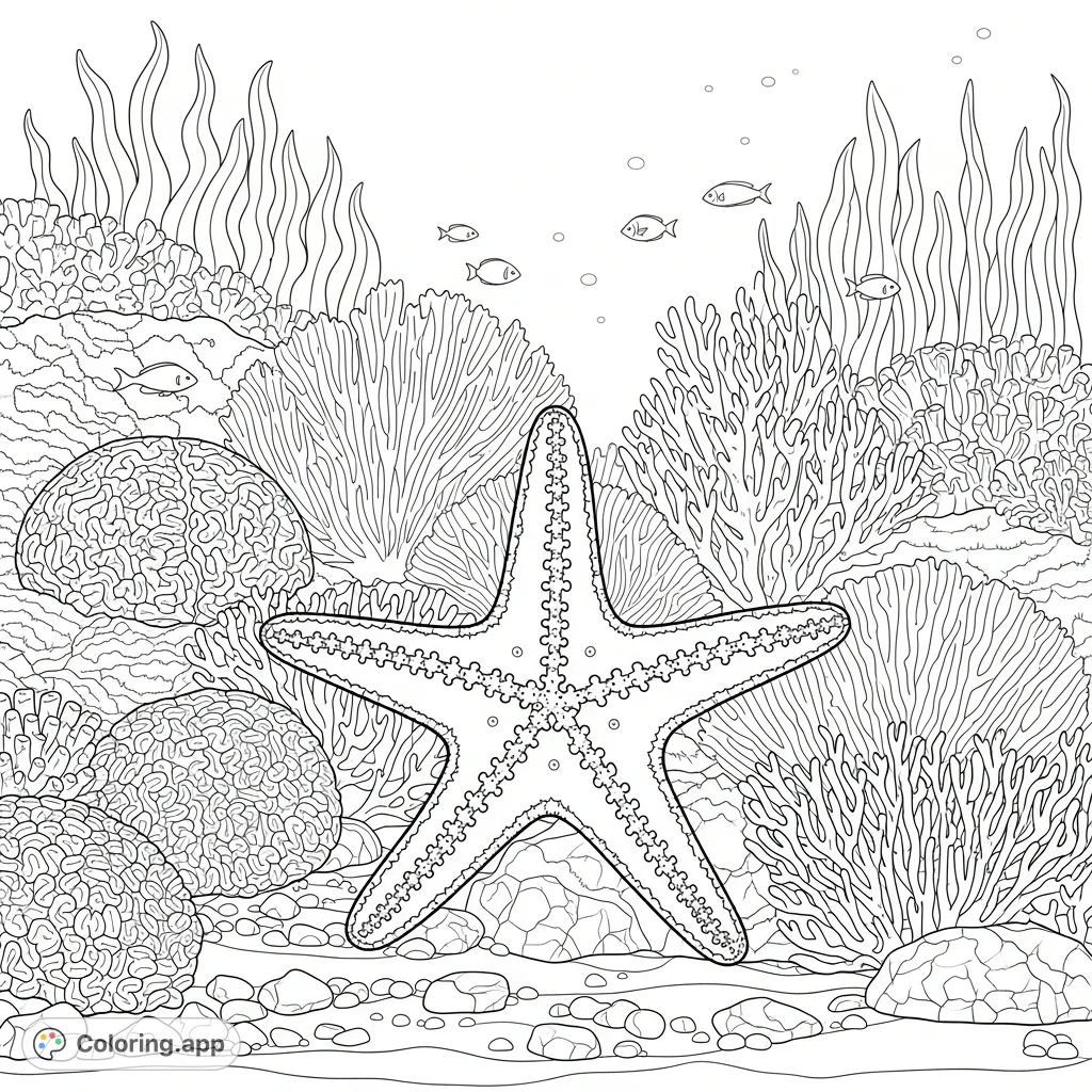 An enchanting starfish coloring page amidst a vibrant coral reef, with various coral types, swaying seaweed, and swimming fish. A free printable coloring page for kids and adults.