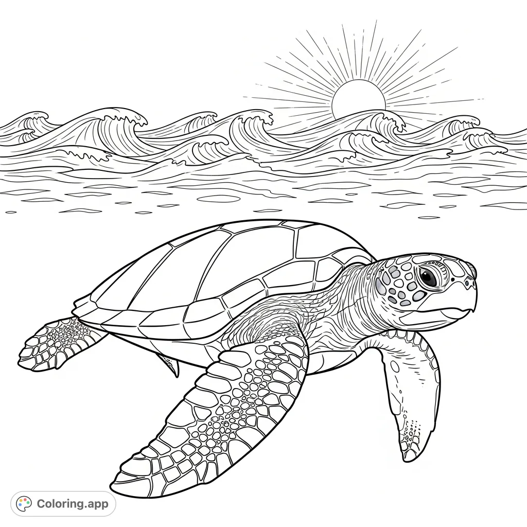 A majestic sea turtle glides through sunlit ocean waves. A serene aquatic scene, perfect for a free printable coloring page.