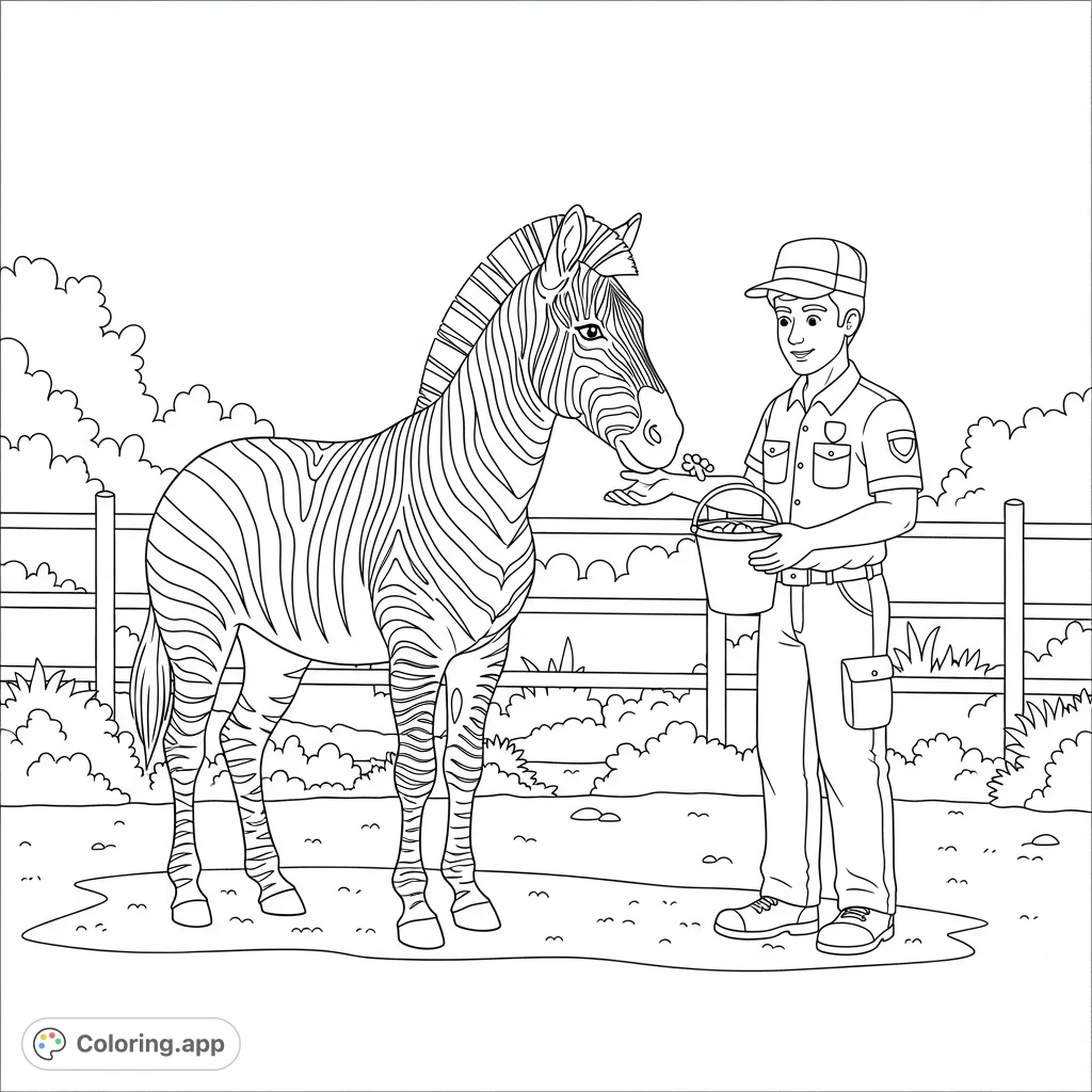 A charming zoo coloring page featuring a zebra being gently fed by a friendly keeper, set in a peaceful enclosure. Perfect for animal lovers.