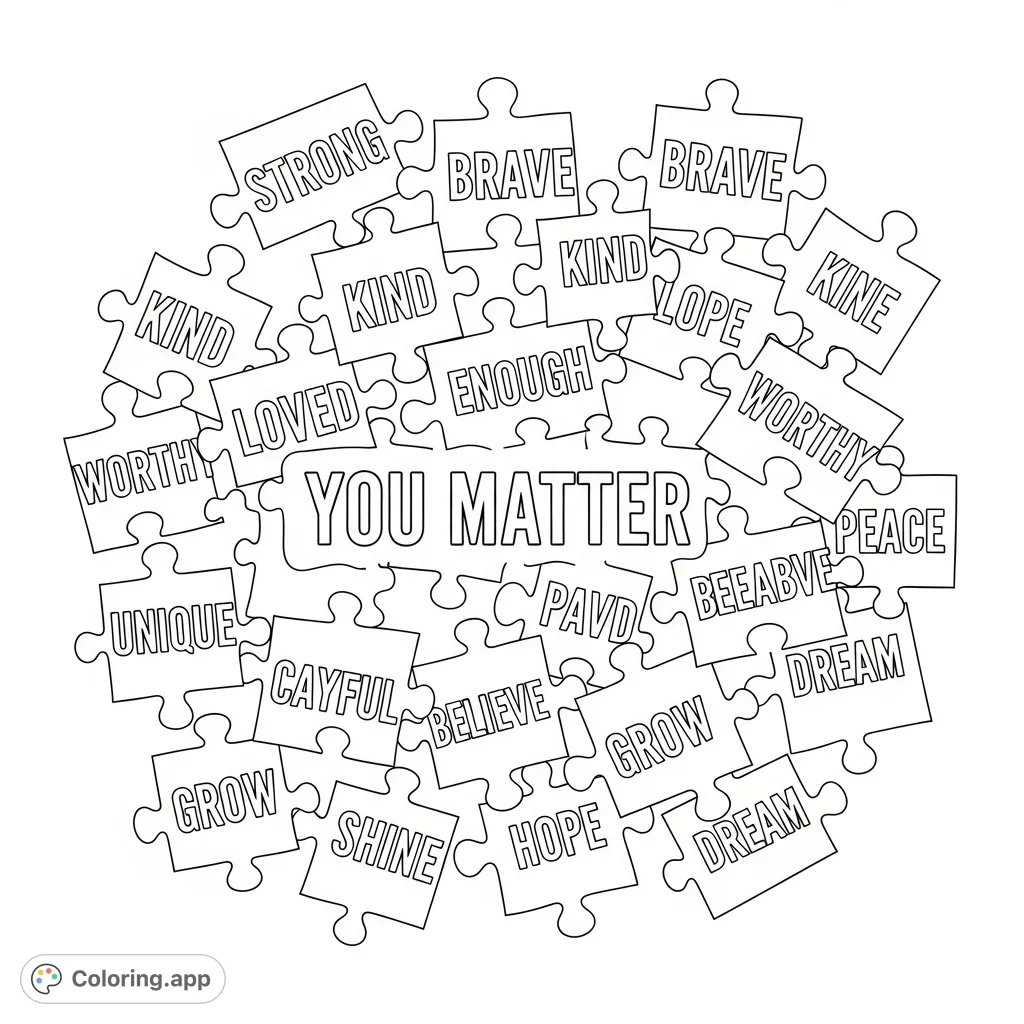 A powerful affirmation coloring page featuring "YOU MATTER" surrounded by interlocking puzzle pieces, each with a bold word of encouragement.