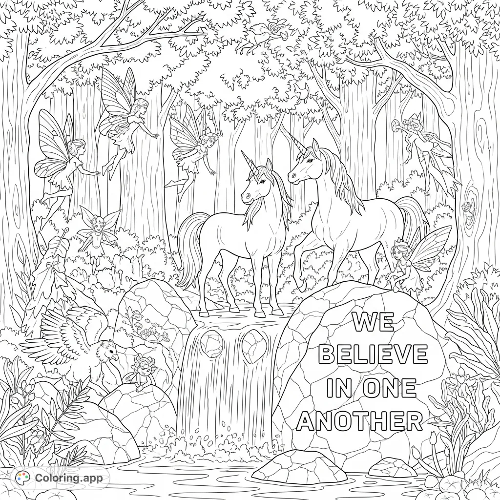 Explore a magical forest with fairies, unicorns, and mythical creatures by a cascading waterfall, featuring an inspiring message on the rocks.