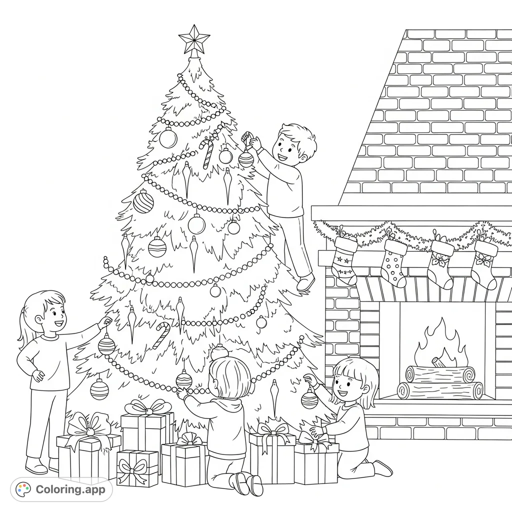 A heartwarming Christmas tree coloring page featuring joyful children decorating a grand tree, with a cozy fireplace background. Perfect for holiday fun!