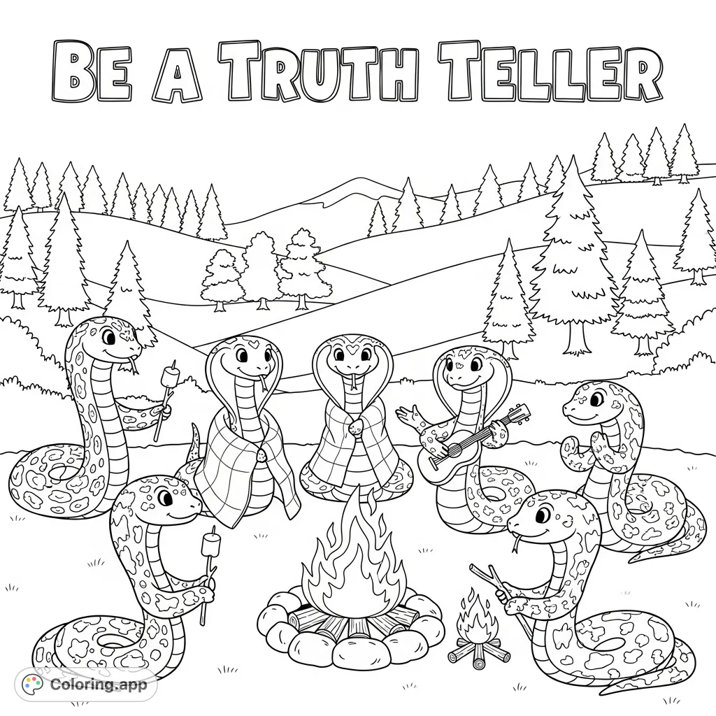 Six friendly snakes gather around a campfire, sharing stories and kindness, with the message "Be a Truth Teller" above. A delightful, free printable coloring page for kids.