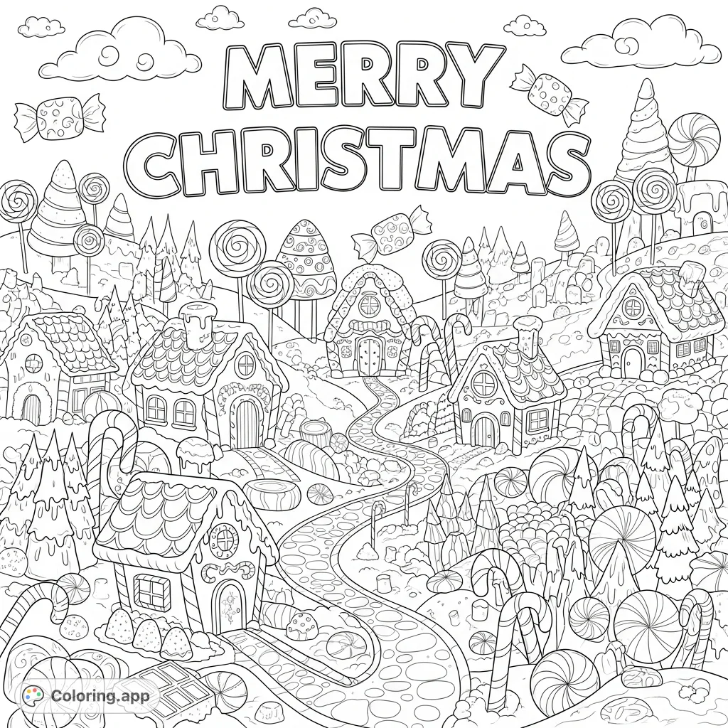Explore a whimsical candy land, brimming with gingerbread houses, lollipop trees, and festive treats, all topped with "Merry Christmas" in bold letters.