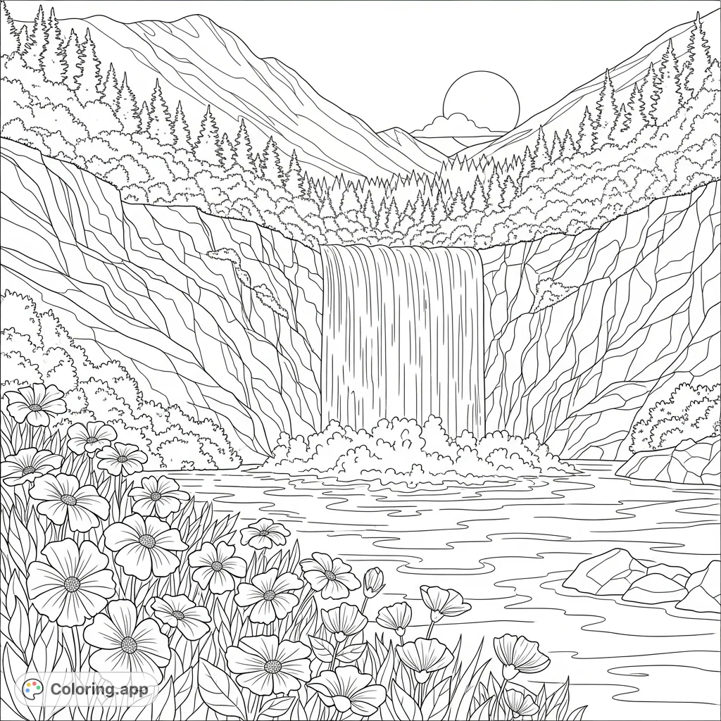 Experience the serene beauty of a mountain waterfall at sunset. This detailed coloring page features cascading water, majestic peaks, and delicate wildflowers.
