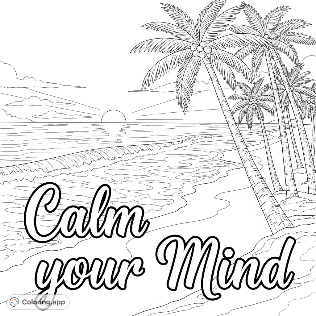 Discover a tranquil ocean beach coloring page with swaying palm trees and a serene setting sun. Features the mindful phrase "Calm your Mind" in bold cursive.