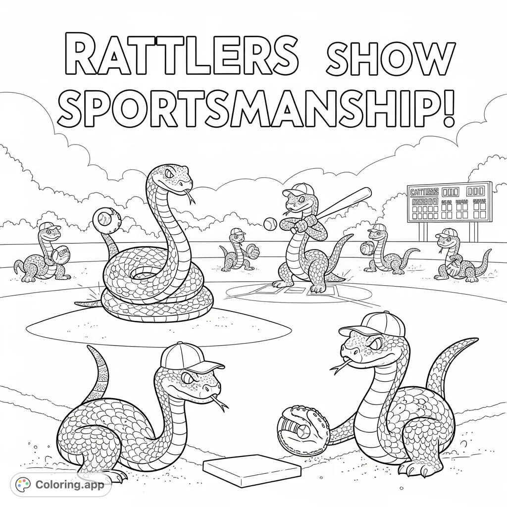 Whimsical rattlesnakes play baseball on a detailed field, showcasing sportsmanship. Perfect for a fun, unique coloring page adventure!
