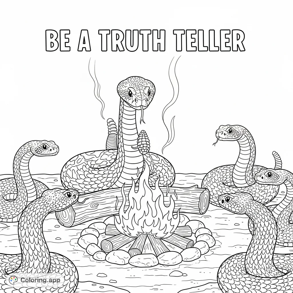 A unique rattlesnake campfire coloring page featuring a group of snakes showing respect and responsibility, with the message "Be a Truth Teller" above.