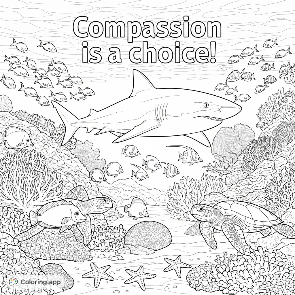 Dive into an empowering shark ocean coloring page! ".