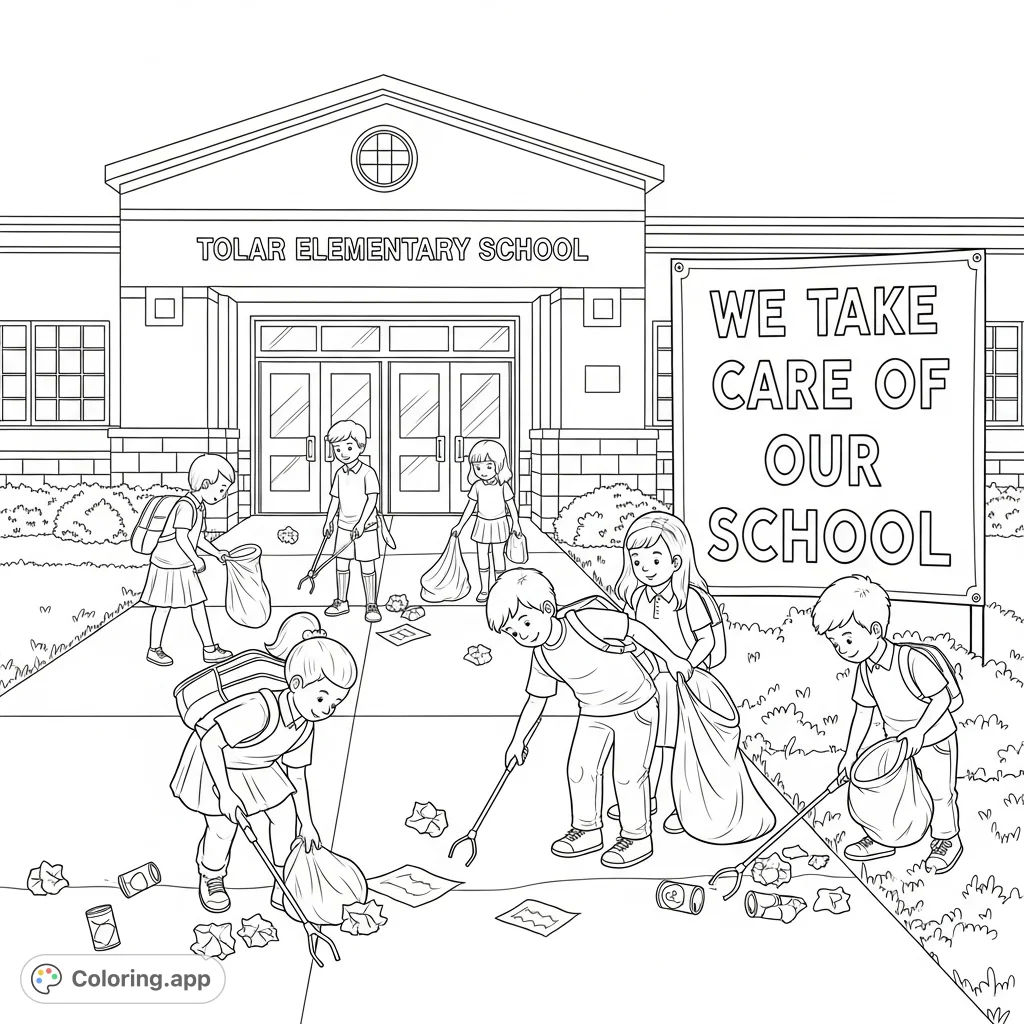 A heartwarming Tolar Elementary School coloring page featuring children diligently picking up trash, promoting responsibility...