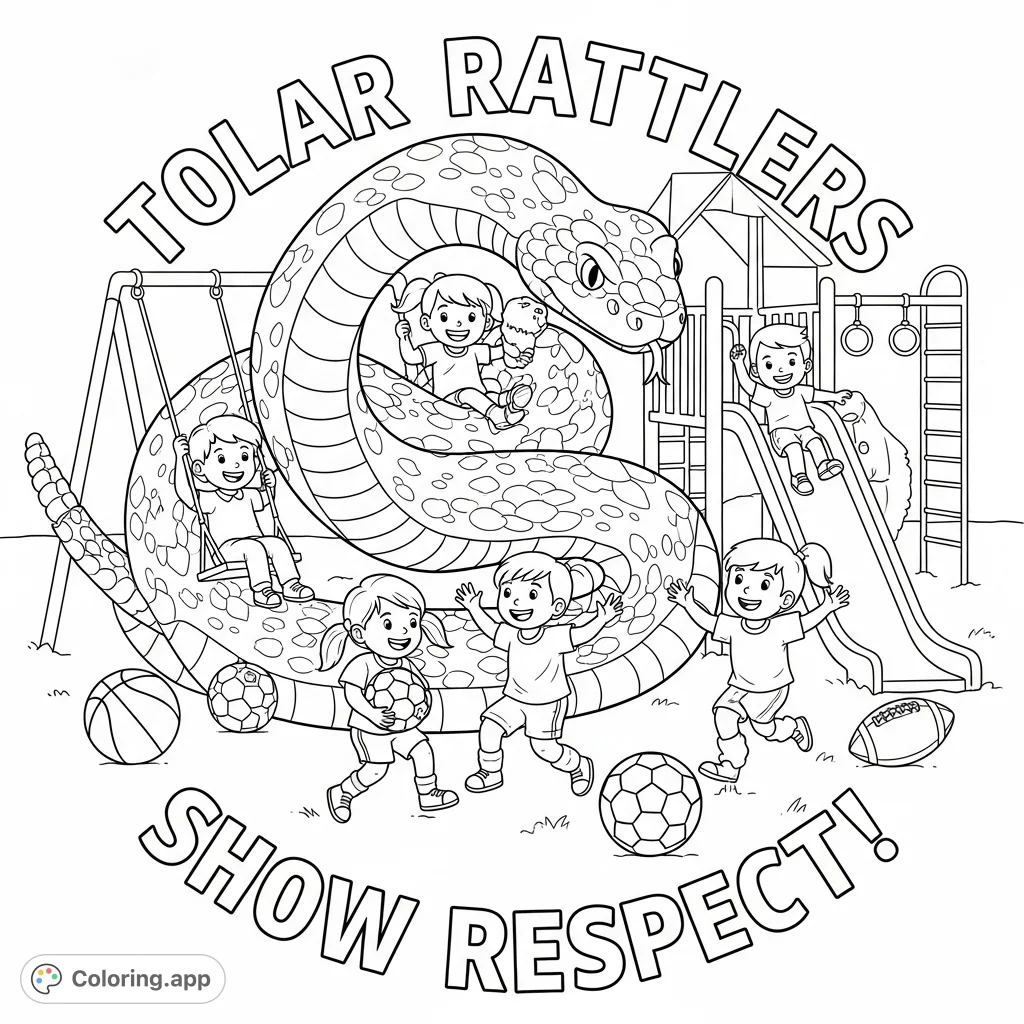 A unique Tolar Rattlers coloring page featuring a friendly rattlesnake intertwined with kids playing on a playground, promoting respect and sportsmanship.