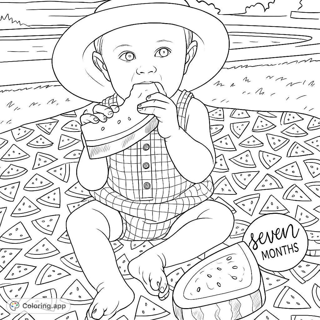An adorable baby enjoys a juicy watermelon slice on a patterned blanket, celebrating a special milestone. A delightful summer scene.