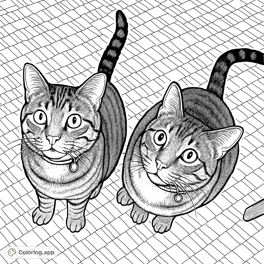 A charming coloring page featuring two adorable tabby cats sitting together, looking up with big, curious eyes. Perfect for cat lovers of all ages!