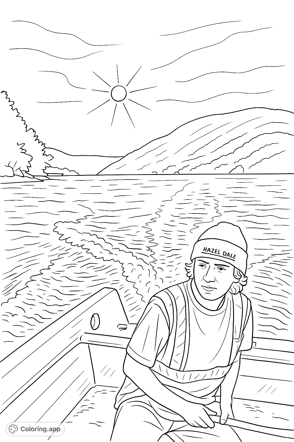A serene boating scene featuring a person in a safety vest, navigating calm waters with mountains in the distance under a glowing sky. Perfect for relaxation.