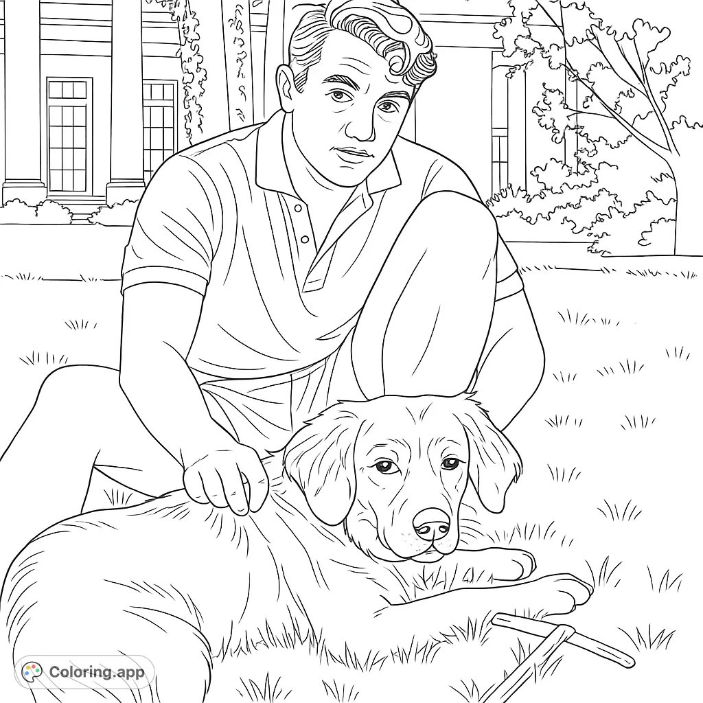 A heartwarming scene featuring a man gently petting his loyal dog on a grassy lawn, with a grand building in the background. Perfect for animal lovers!