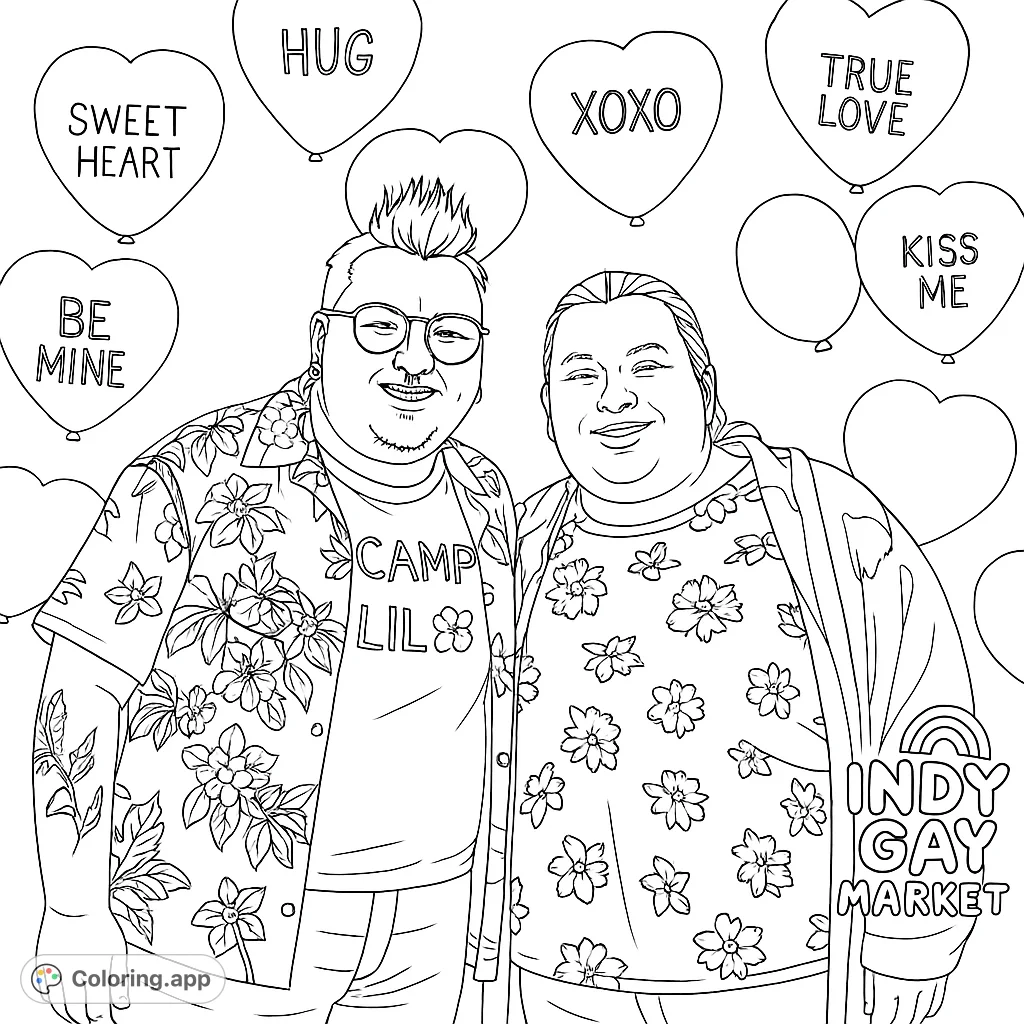 A heartwarming coloring page featuring two smiling individuals surrounded by festive heart-shaped balloons with sweet messages. Perfect for celebrating friendship and love.