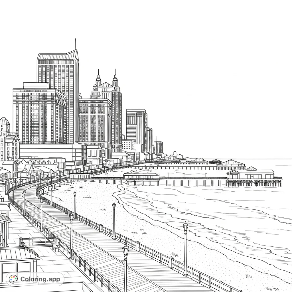 Explore the iconic Atlantic City skyline, featuring towering buildings, a bustling boardwalk, and the serene ocean. A detailed urban landscape.