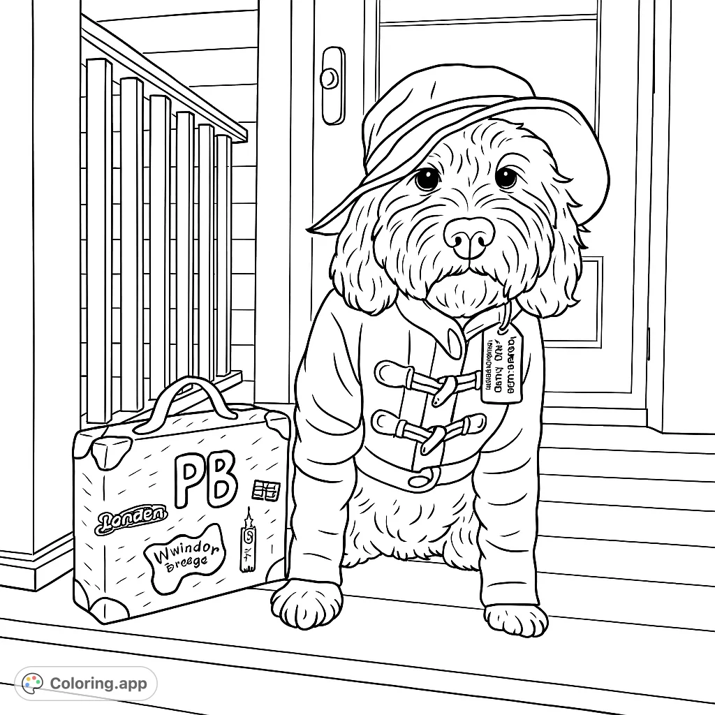 An adorable fluffy dog dressed in a classic bear costume, complete with a hat and suitcase, ready for an adventure on the porch.