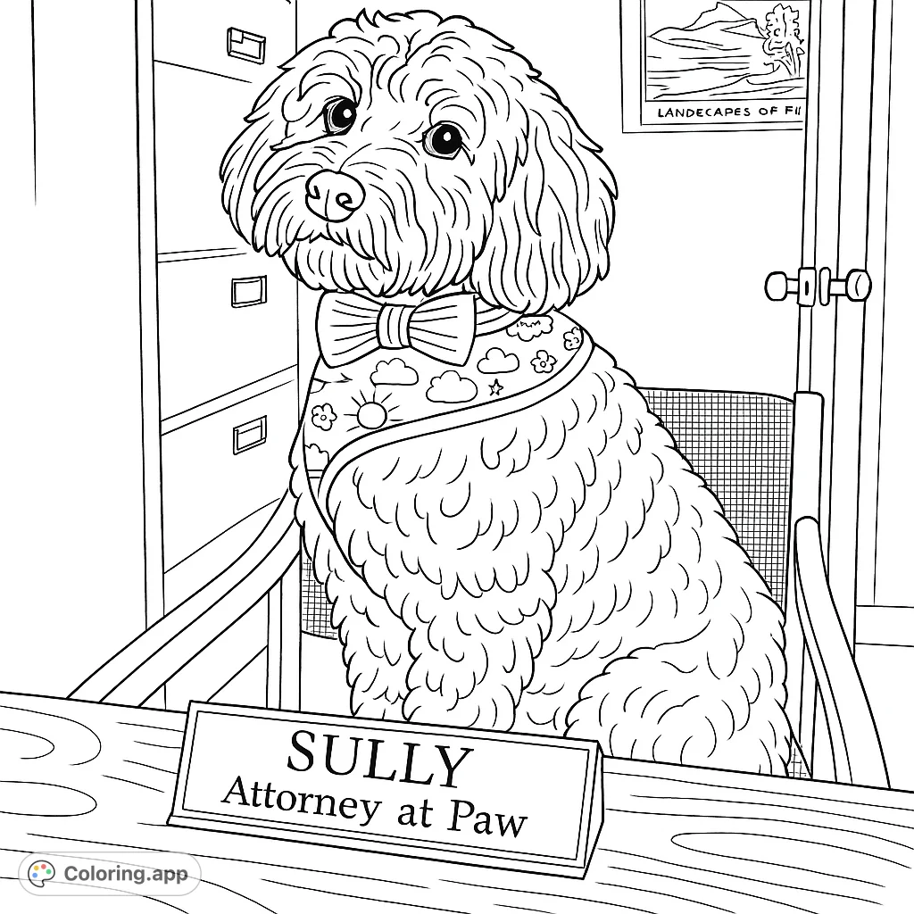 A charming fluffy dog, Sully, sits at a desk with a nameplate, ready for legal work. A delightful office scene for all ages.