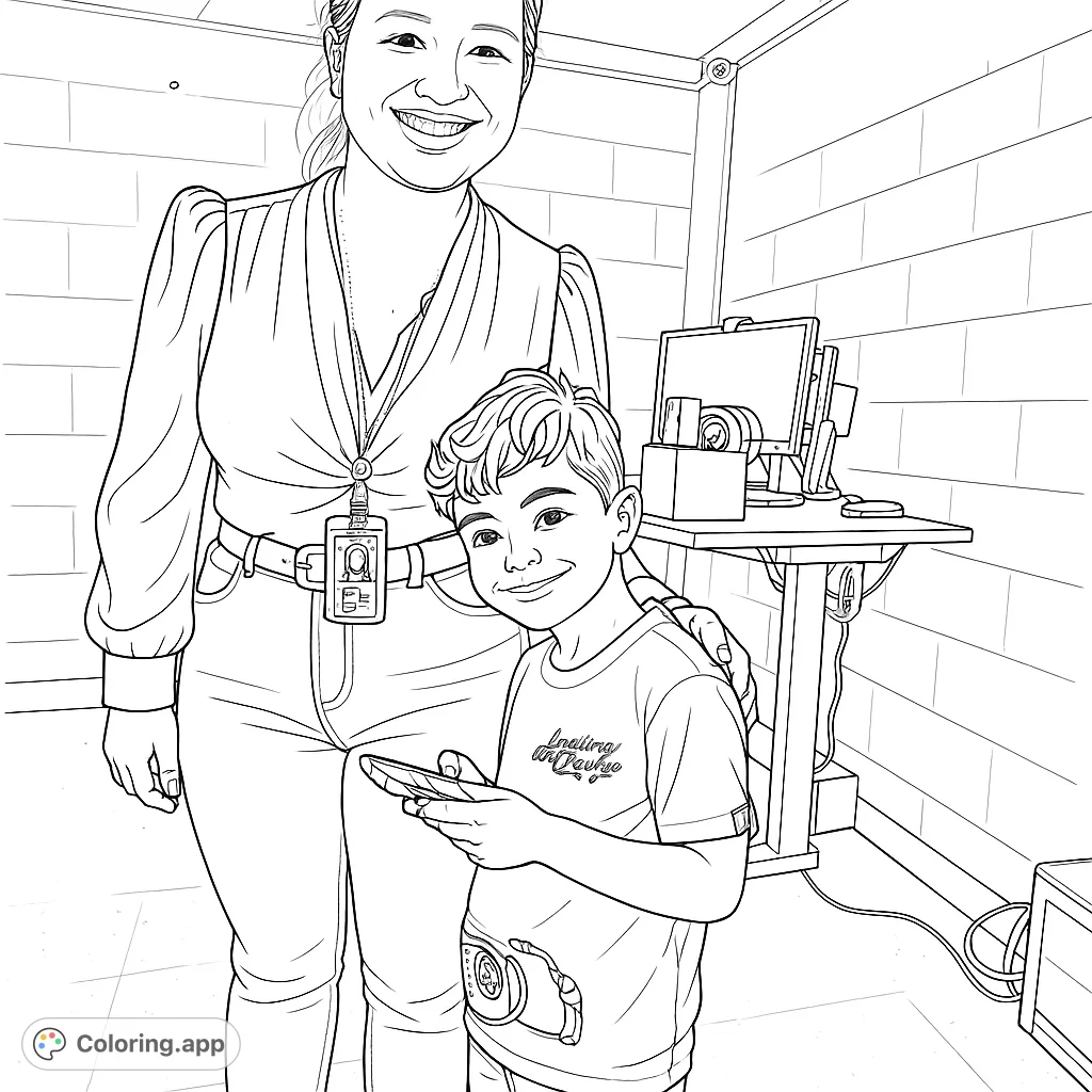 A heartwarming coloring page featuring a smiling woman and child, perfect for celebrating connections and positive interactions. A lovely family coloring page.