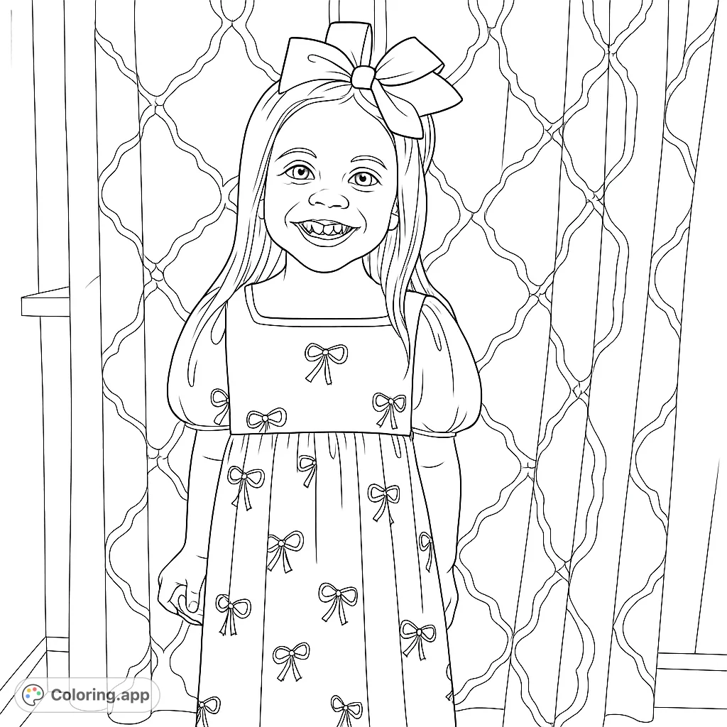 A delightful coloring page featuring a happy young girl in a charming bow-patterned dress and a large hair bow, standing in front of patterned curtains.