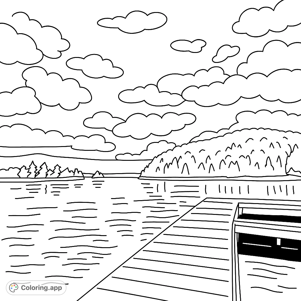 Capture the peaceful beauty of a lake scene with a wooden dock, calm waters reflecting the sky, and distant tree-covered islands. A serene nature escape.