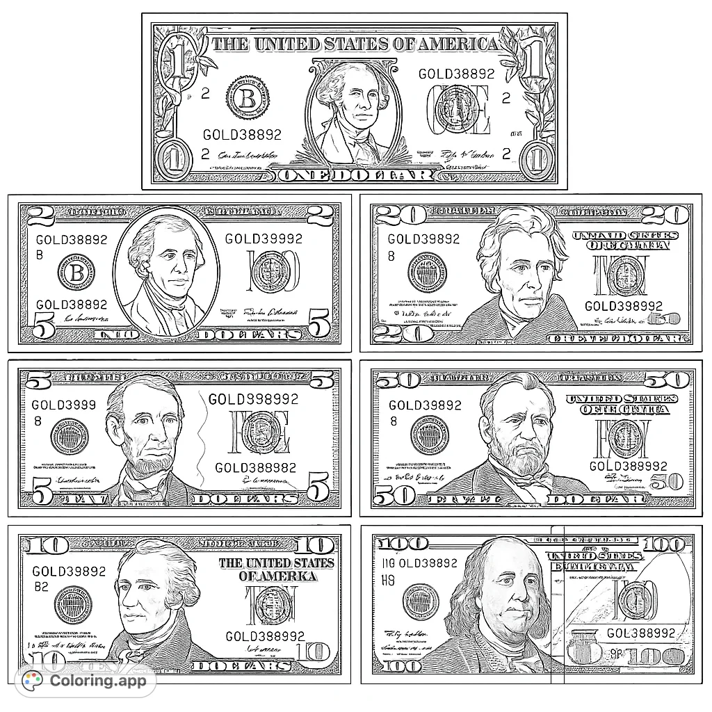 Explore detailed US dollar bills, featuring iconic portraits and intricate designs. A fascinating money coloring page for learning and creative expression.
