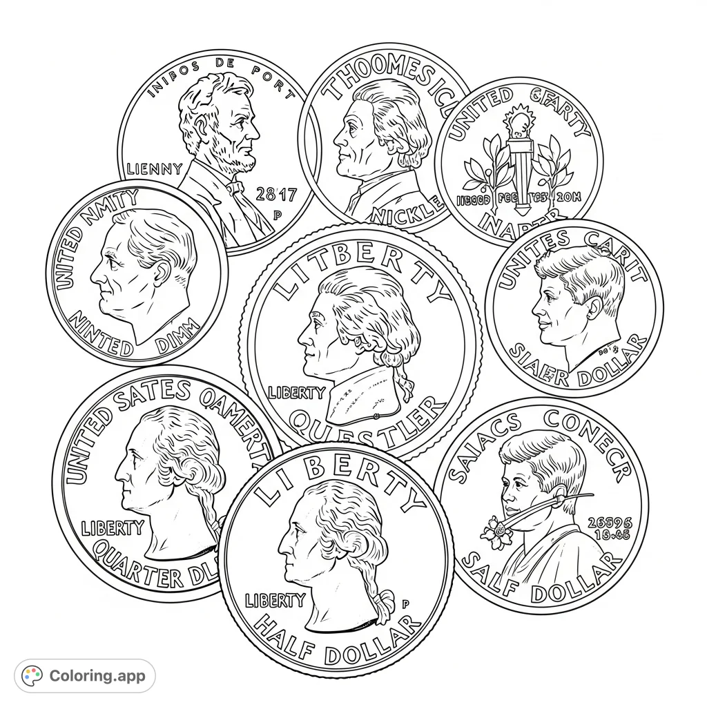 Colorable Coin US Coin Denominations - Coloring.app