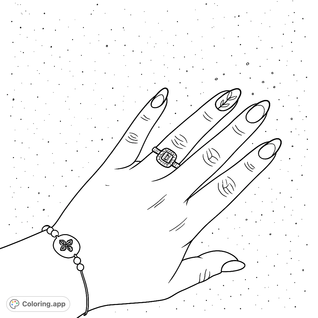 A detailed coloring page featuring a hand adorned with an elegant ring, a charming butterfly bracelet, and stylish nail art. Perfect for fashion and jewelry enthusiasts.
