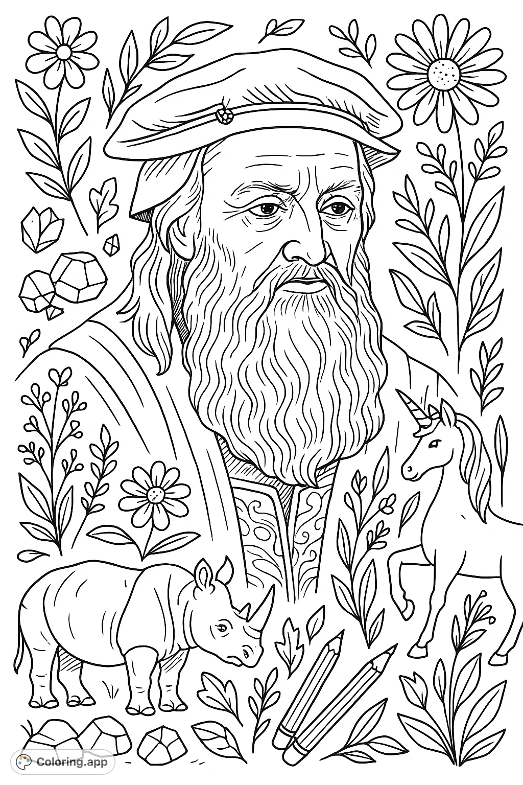 A detailed portrait of a historical figure, featuring a distinguished beard, unique hat, and intricate attire. Perfect for history enthusiasts.