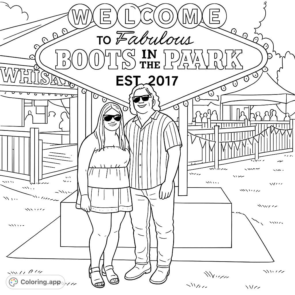 A couple poses in front of a festive 'Boots in the Park' welcome sign at an outdoor event, surrounded by a lively festival atmosphere.