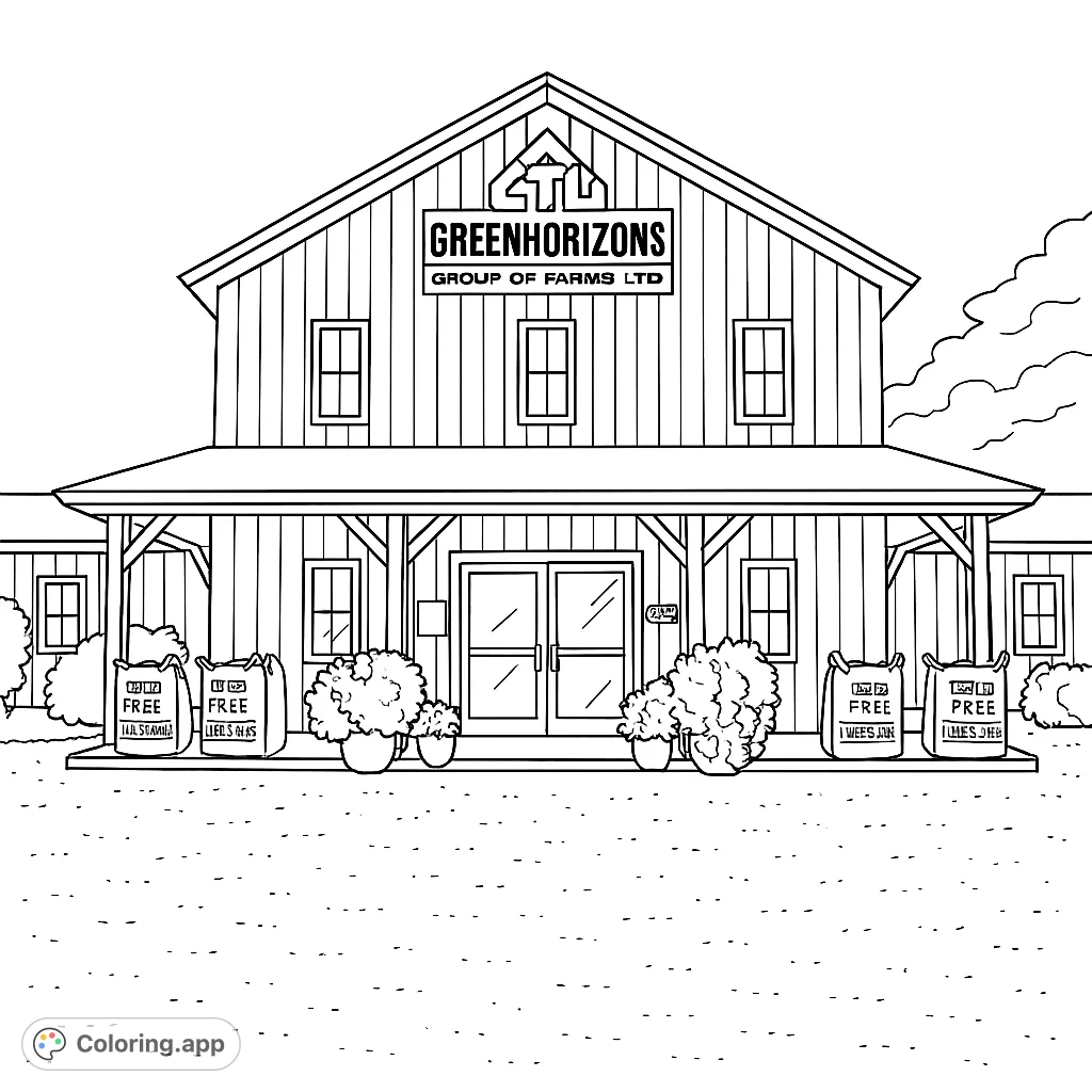 Explore a charming country farm store with a rustic building, inviting porch, and abundant plants. A delightful scene for all ages to color.