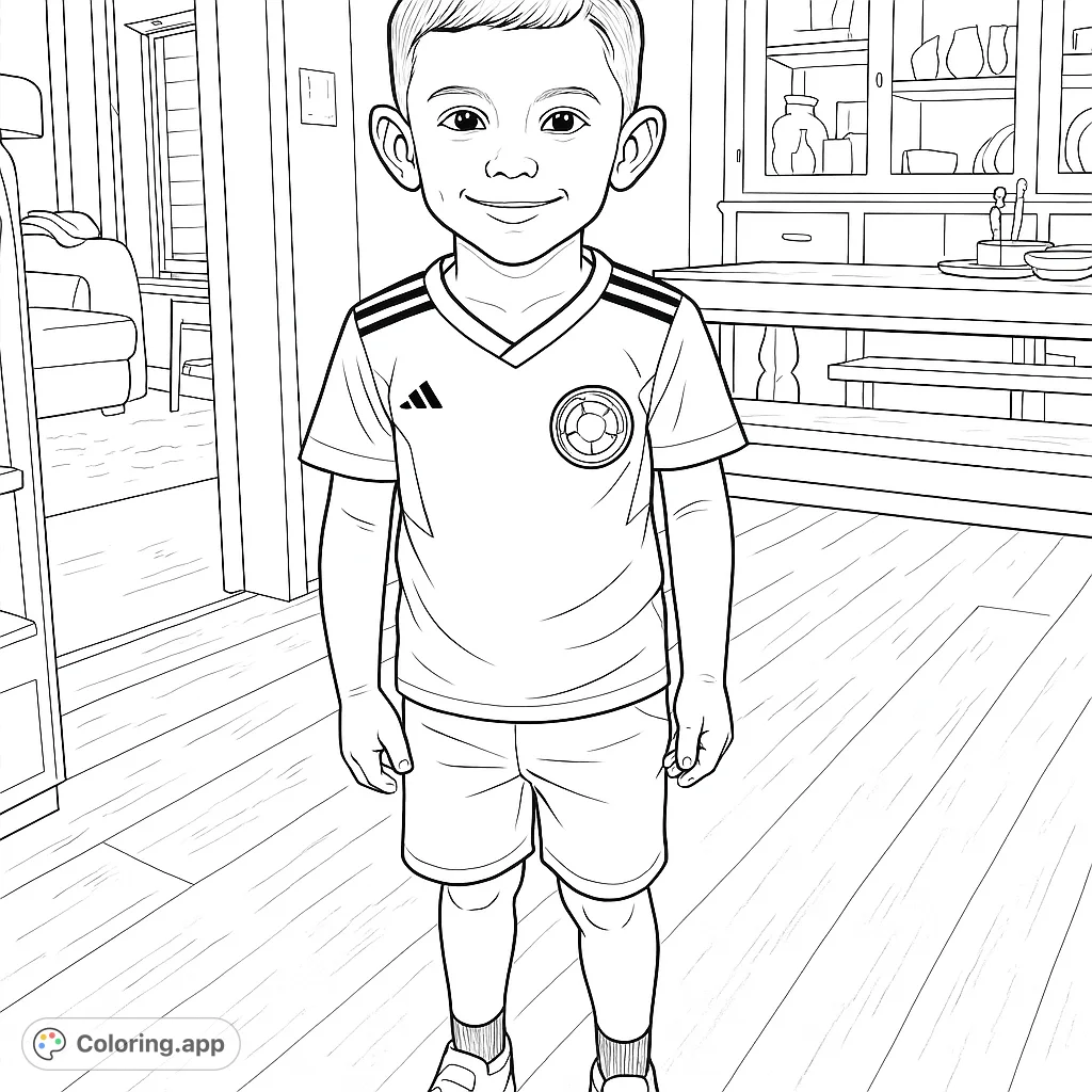 A cheerful boy in a soccer jersey, ready for action or play. Perfect for young sports fans to personalize with their favorite team's colors!