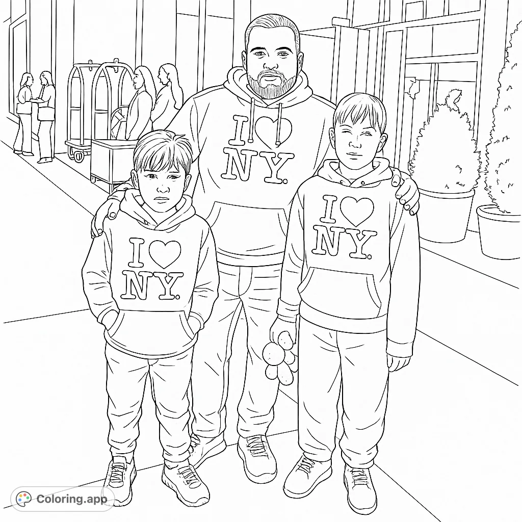 A heartwarming family portrait featuring a father and his two sons, all sporting iconic 'I ❤️ NY' hoodies, ready for a New York City adventure.