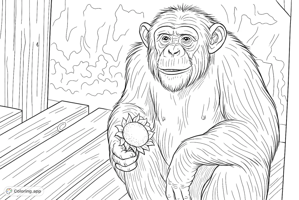 A captivating chimpanzee sits, holding a delicate sunflower. Capture its gentle expression and intricate details on a rustic wooden platform amidst soft foliage.