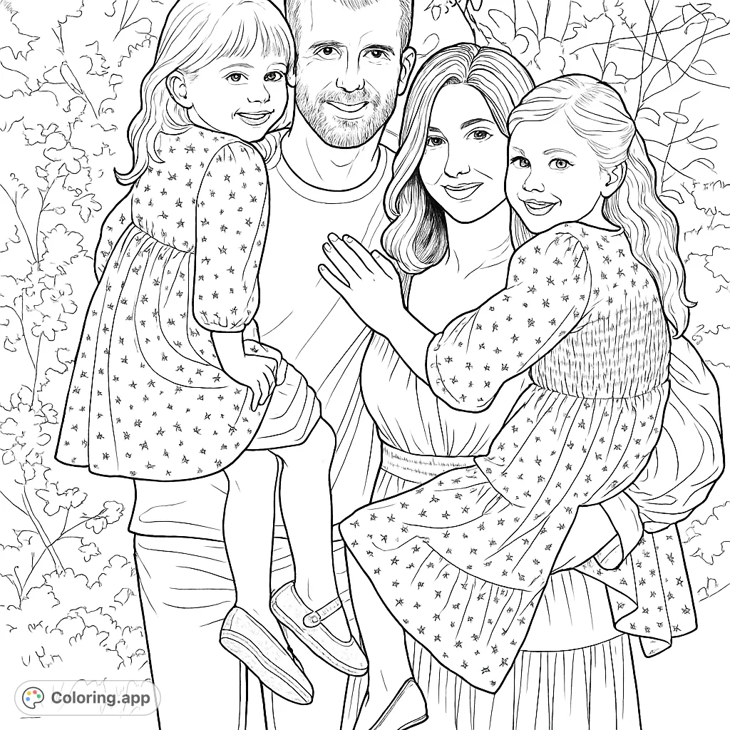Capture the warmth of a loving family with two parents and their two smiling children in a natural setting. A heartwarming family portrait coloring page.