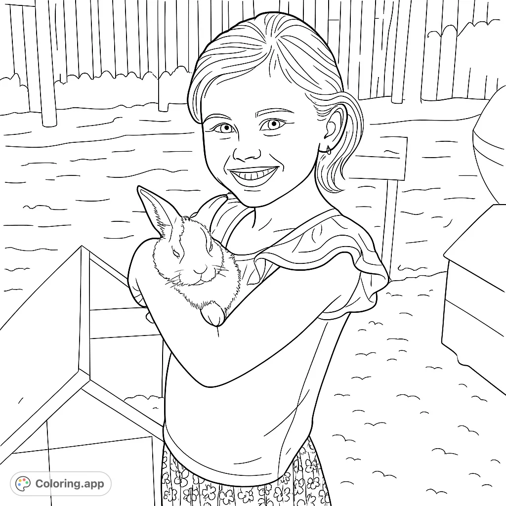 A joyful girl gently holds her fluffy pet rabbit, smiling brightly in an outdoor setting. A heartwarming scene for animal lovers.