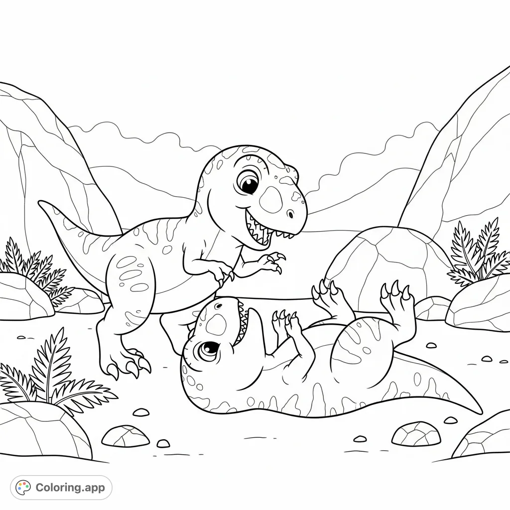 Two adorable baby T-Rex dinosaurs playfully interacting in a prehistoric setting, perfect for a fun dinosaur coloring page.