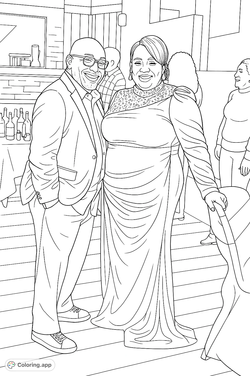 Capture the joy of an elegant couple at a special event. This sophisticated coloring page features detailed attire and a festive background for creative expression.
