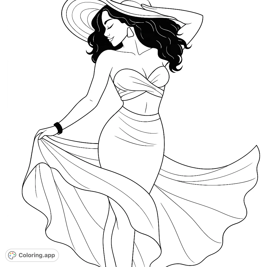 An elegant woman in a wide-brimmed hat and a flowing dress, striking a graceful pose. Perfect for fashion and portrait enthusiasts.