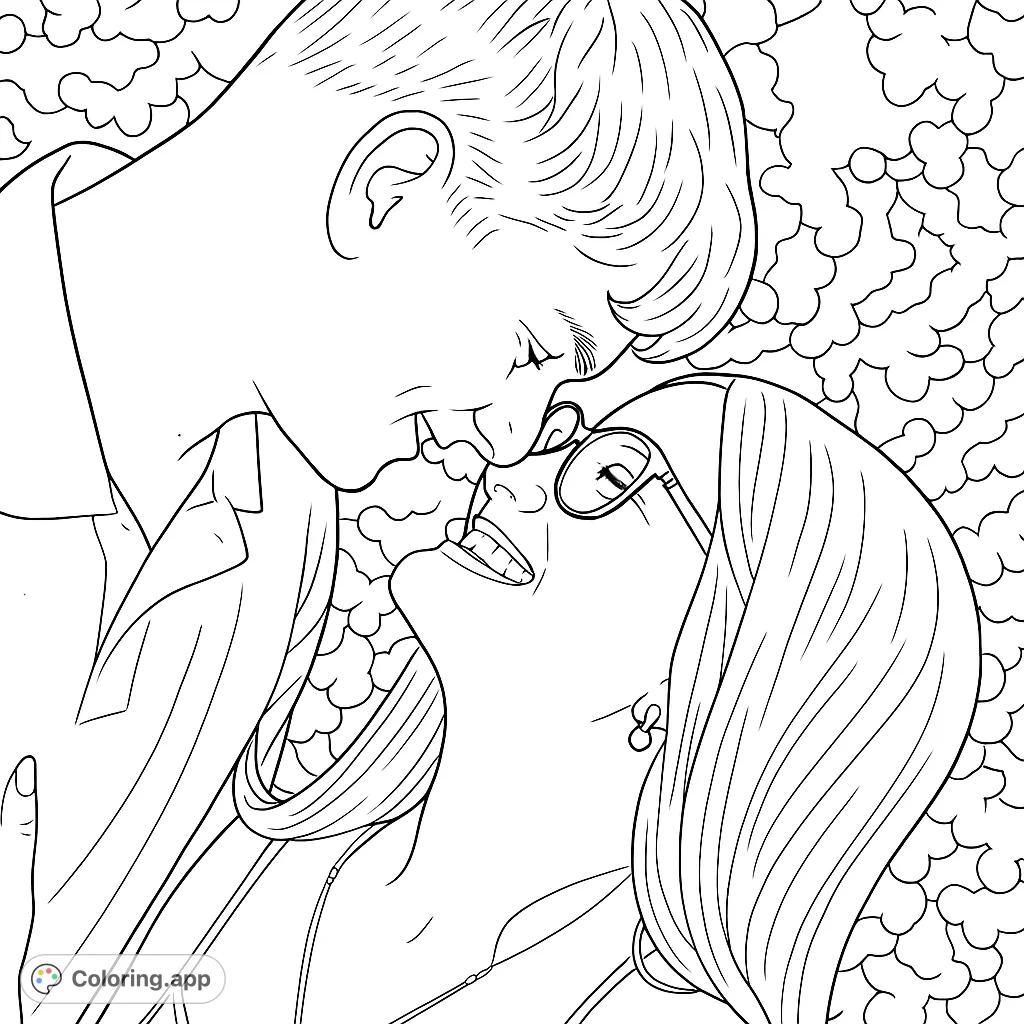 Capture a tender moment between two smiling individuals in a close embrace, set against a festive, textured background. Perfect for celebrating connection.