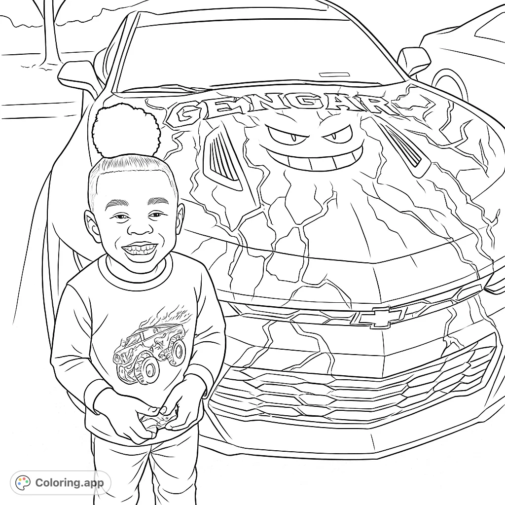 A joyful child stands proudly before a custom sports car featuring a bold Gengar graphic and lightning patterns. A fun, detailed coloring page for car and character enthusiasts.