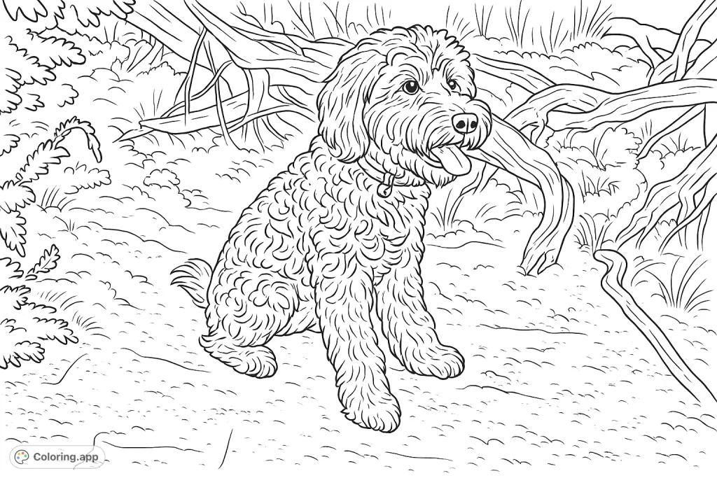 A charming curly-haired dog sits patiently amidst sandy terrain and gnarled roots, ready for a playful adventure. A delightful dog coloring page.